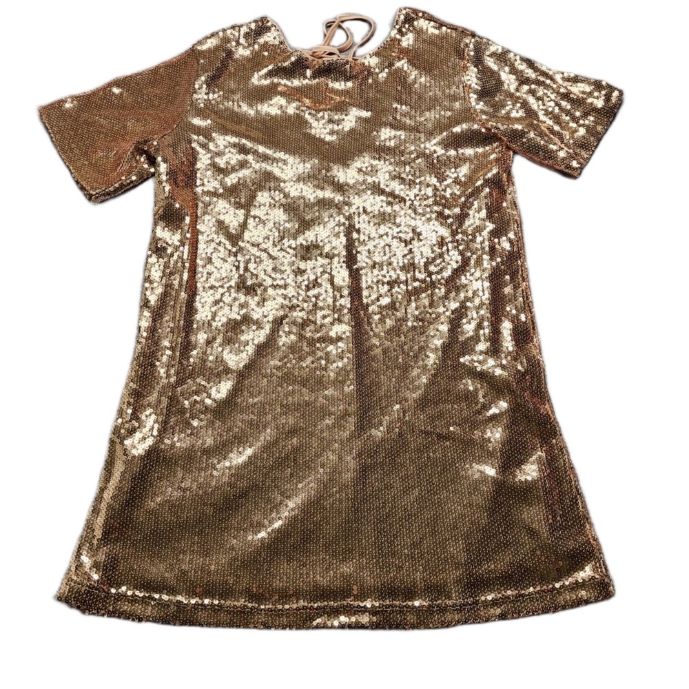 Unbranded Women Midi Party Dress Medium Gold Sequin Lined Short S. Open Tie Back